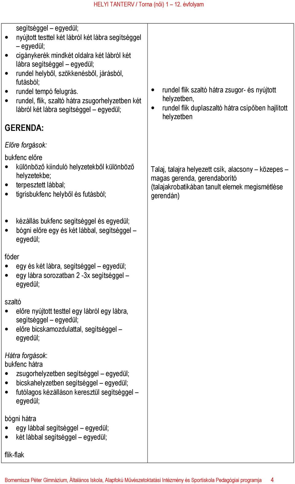 tigrisbukfenc helyből és futásból; rundel flik szaltó hátra zsugor- és nyújtott helyzetben, rundel flik duplaszaltó hátra csípőben hajlított helyzetben Talaj, talajra helyezett csík, alacsony közepes