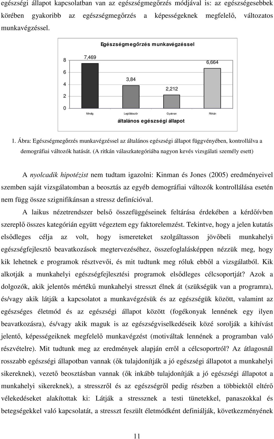 Ábra: Egészségmegőrzés munkavégzéssel az általános egészségi állapot függvényében, kontrollálva a demográfiai változók hatását.