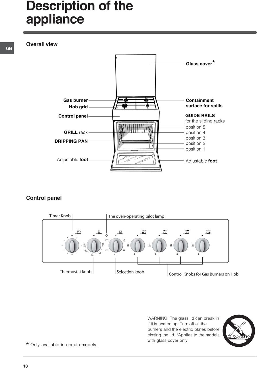 oven-operating pilot lamp Thermostat knob Selection knob Control Knobs for Gas Burners on Hob * Only available in certain models. WARNING!