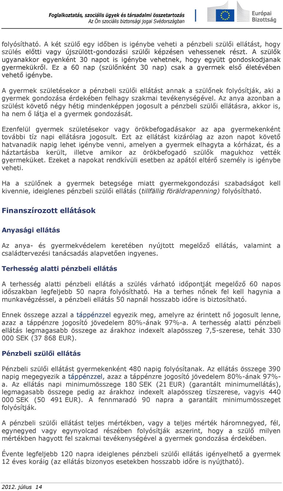 A gyermek születésekor a pénzbeli szülői ellátást annak a szülőnek folyósítják, aki a gyermek gondozása érdekében felhagy szakmai tevékenységével.