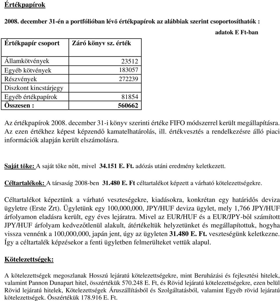 december 31-i könyv szerinti értéke FIFO módszerrel került megállapításra. Az ezen értékhez képest képzendő kamatelhatárolás, ill.