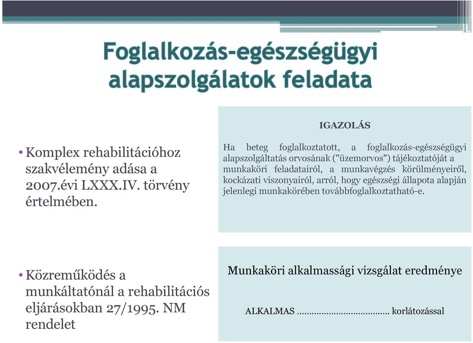 feladatairól, a munkavégzés körülményeiről, kockázati viszonyairól, arról, hogy egészségi állapota alapján jelenlegi munkakörében