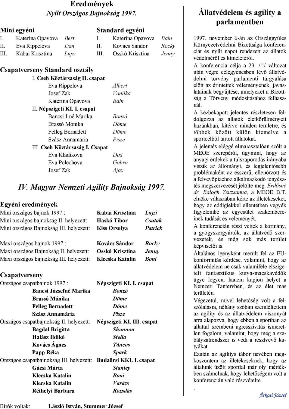 né Marika Brassó Mónika Felleg Bernadett Szász Annamária III. Cseh Köztársaság I. Csapat Eva Kladikova Eva Polechova Josef Zak Albert Vanilka Bain Bonzó Döme Döme Pisze Dixi Gabra Ajax IV.
