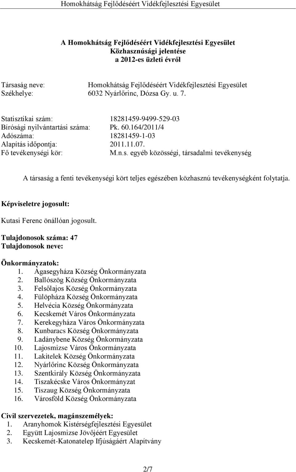 Képviseletre jogosult: Kutasi Ferenc önállóan jogosult. Tulajdonosok száma: 47 Tulajdonosok neve: Önkormányzatok: 1. Ágasegyháza Község Önkormányzata 2. Ballószög Község Önkormányzata 3.