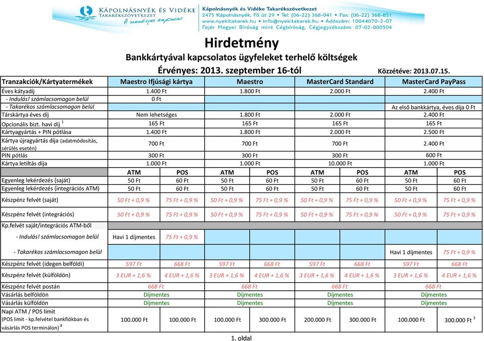 Készpénz felvét (saját) Hirdetmény Bankkártyával kapcsolatos ügyfeleket terhelő költségek Érvényes: 2013. szeptember 16-tól Közzétéve: 2013.07.15. MasterCard Standard 1.400 Ft 1.800 Ft 2.