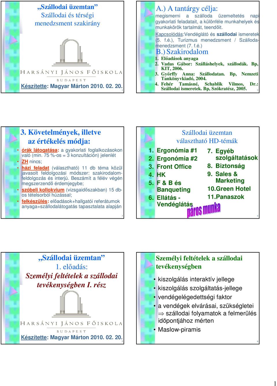 f.é.) B.) Szakirodalom 1. Elıadások anyaga 2. Vadas Gábor: Szálláshelyek, szállodák. Bp, KIT, 2006. 3. Gyırffy Anna: Szállodatan. Bp, Nemzeti Tankönyvkiadó, 2004. 4.