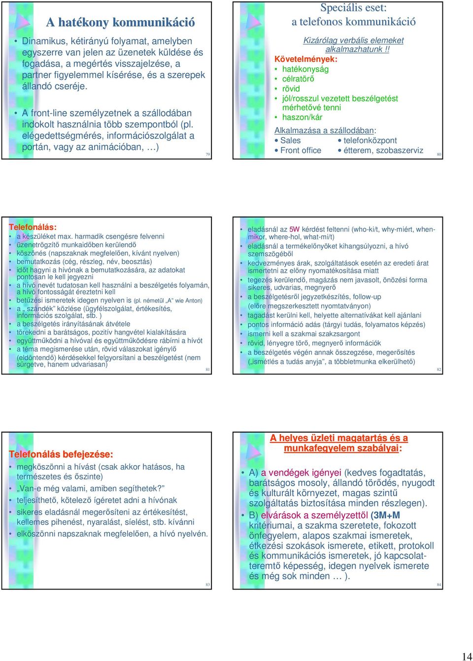 elégedettségmérés, információszolgálat a portán, vagy az animációban, ) 79 Speciális eset: a telefonos kommunikáci ció Kizárólag verbális elemeket alkalmazhatunk!