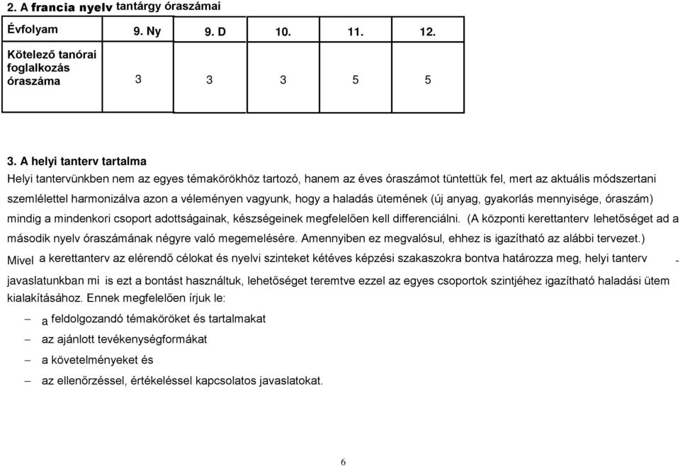 vagyunk, hogy a haladás ütemének (új anyag, gyakorlás mennyisége, óraszám) mindig a mindenkori csoport adottságainak, készségeinek megfelelően kell differenciálni.