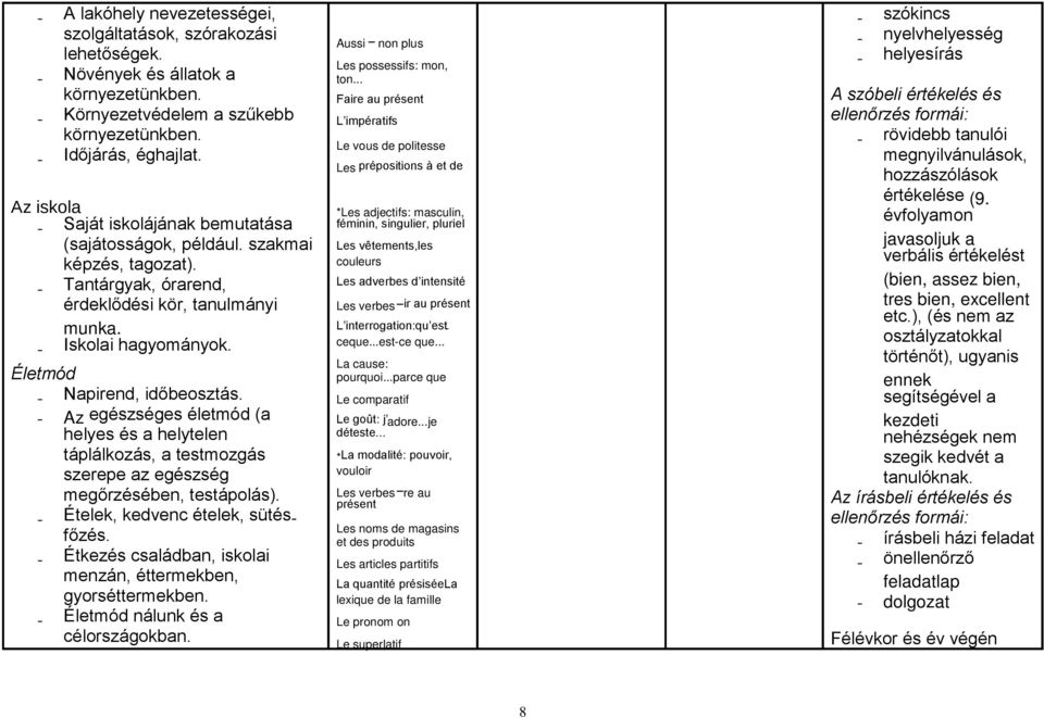 Életmód - Napirend, időbeosztás. - Az egészséges életmód (a helyes és a helytelen táplálkozás, a testmozgás szerepe az egészség megőrzésében, testápolás). - Ételek, kedvenc ételek, sütésfőzés.