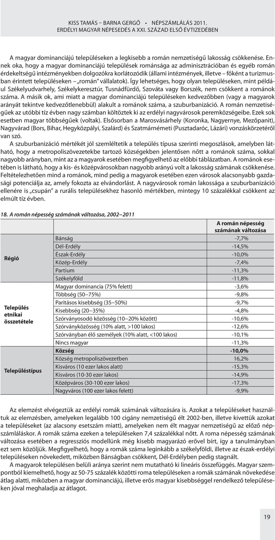 érintett településeken román vállalatok). Így lehetséges, hogy olyan településeken, mint például Székelyudvarhely, Székelykeresztúr, Tusnádfürdő, Szováta vagy Borszék, nem csökkent a románok száma.