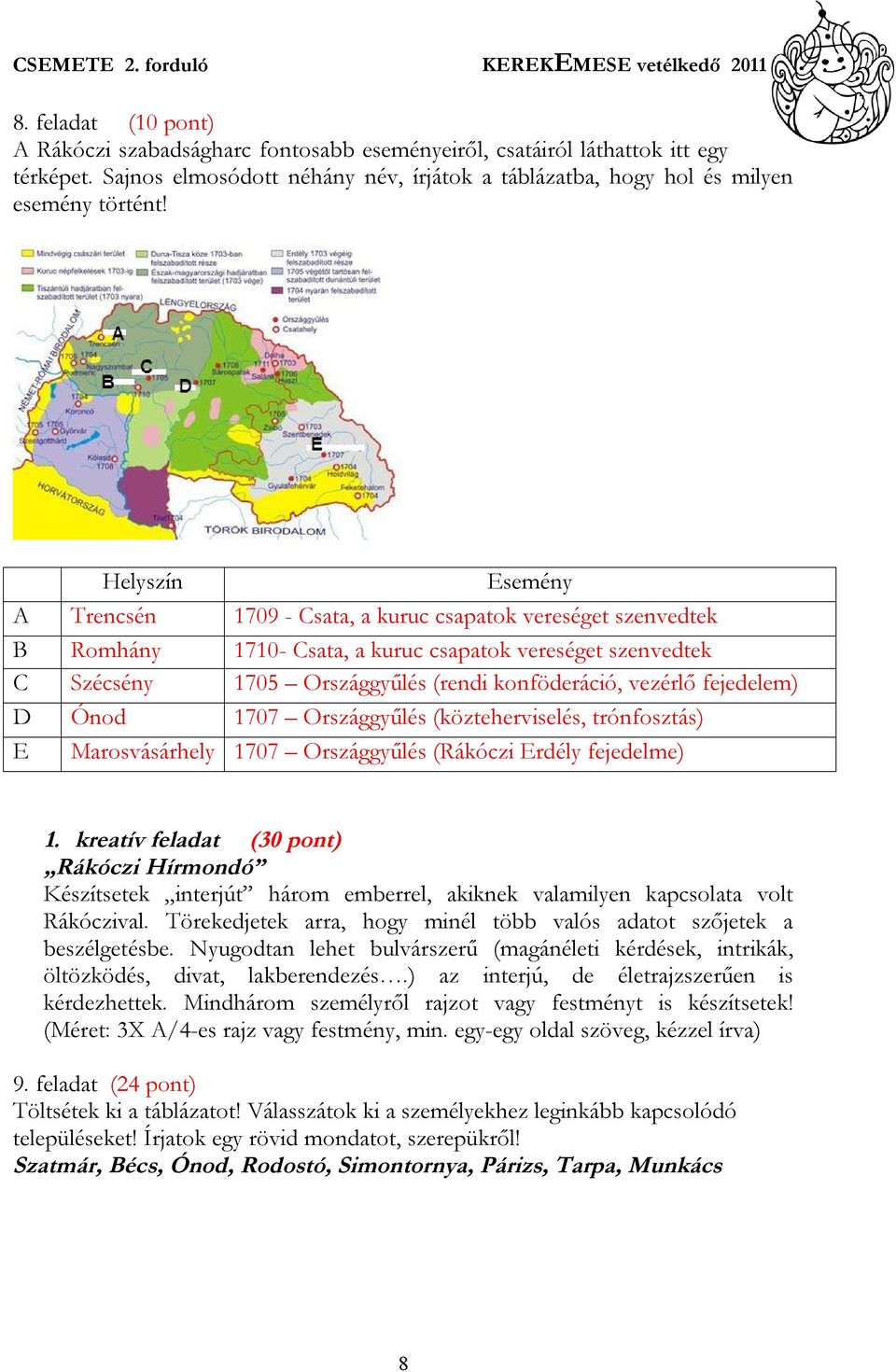 fejedelem) D Ónod 1707 Országgyűlés (közteherviselés, trónfosztás) E Marosvásárhely 1707 Országgyűlés (Rákóczi Erdély fejedelme) 1.