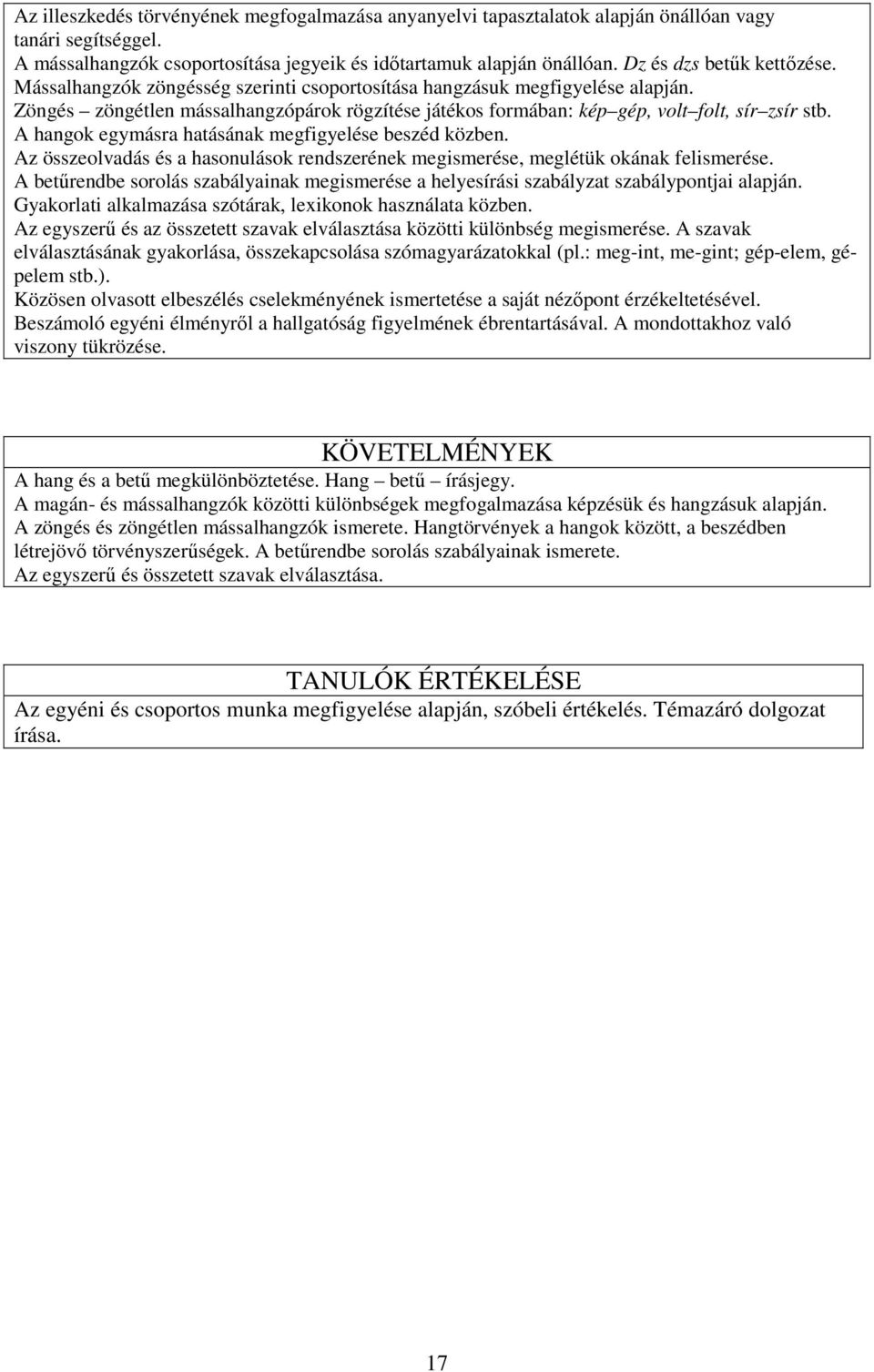 Zöngés zöngétlen mássalhangzópárok rögzítése játékos formában: kép gép, volt folt, sír zsír stb. A hangok egymásra hatásának megfigyelése beszéd közben.