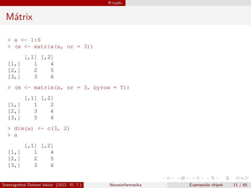 4 [3,] 5 6 > dim(a) <- c(3, 2) > a [,1] [,2] [1,] 1 4 [2,] 2 5 [3,] 3 6