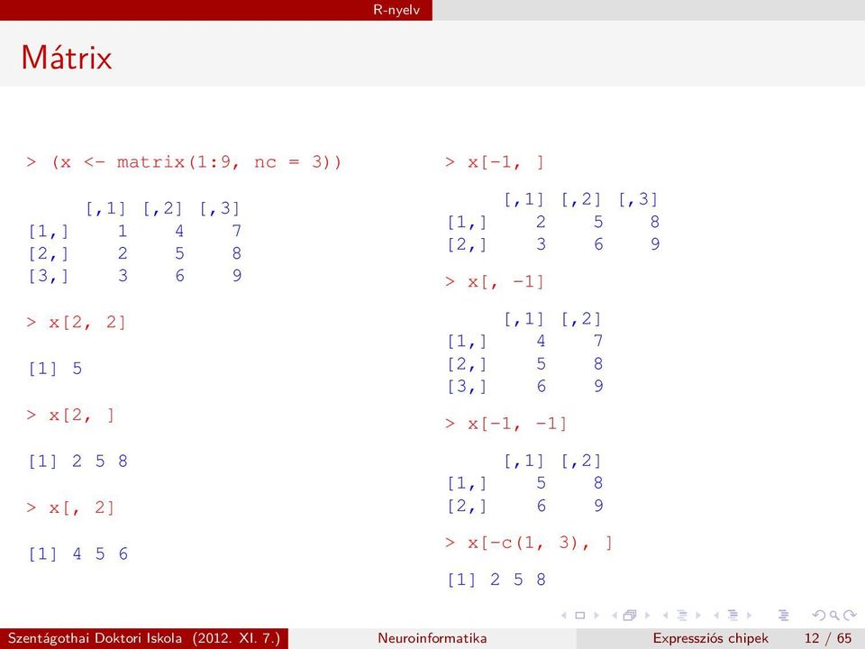 9 > x[, -1] [,1] [,2] [1,] 4 7 [2,] 5 8 [3,] 6 9 > x[-1, -1] [,1] [,2] [1,] 5 8 [2,] 6 9 >