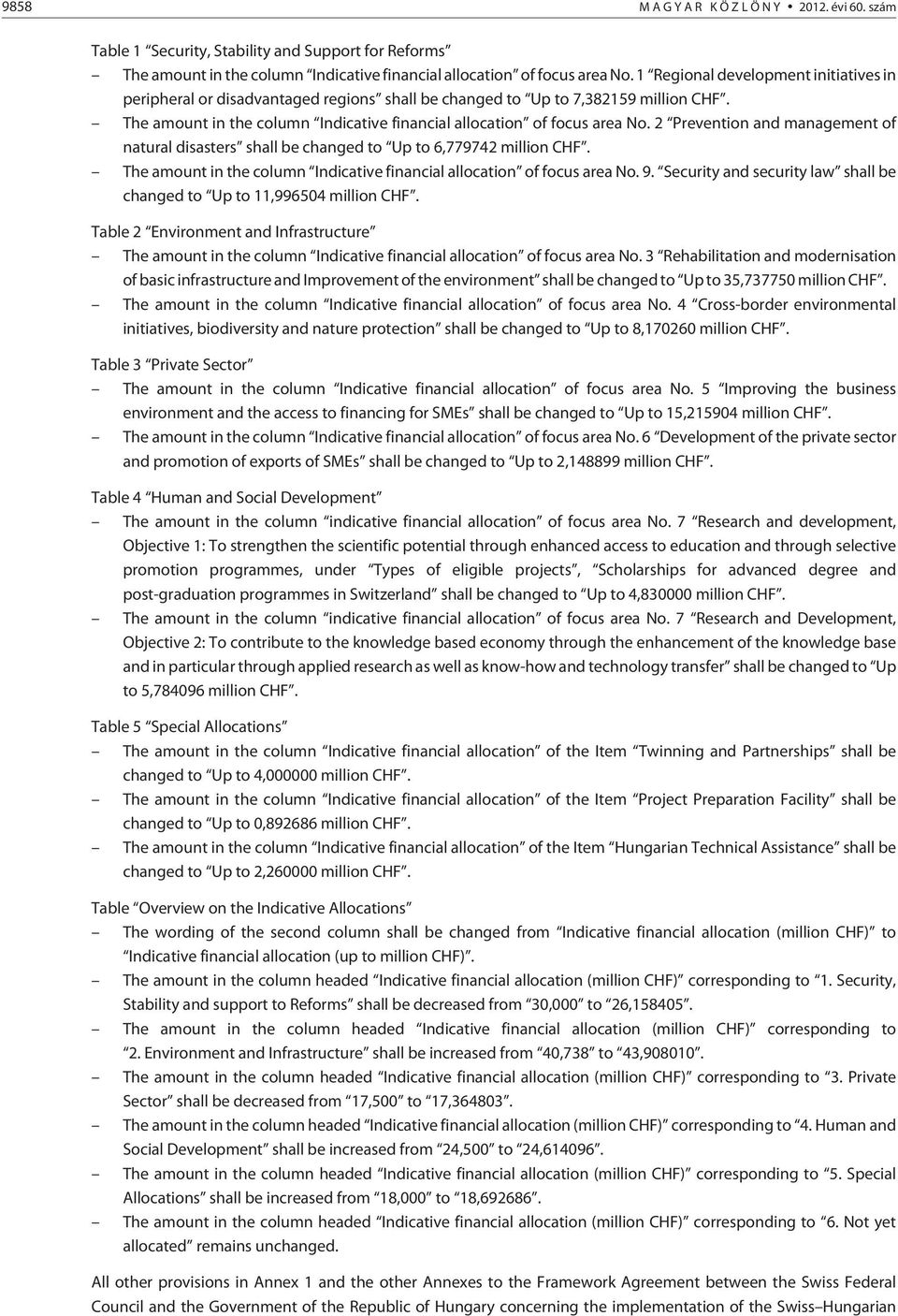 2 Prevention and management of natural disasters shall be changed to Up to 6,779742 million CHF. The amount in the column Indicative financial allocation of focus area No. 9.