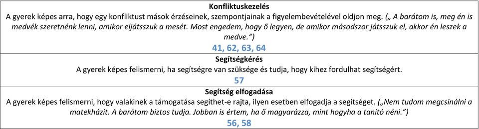 ) 41, 62, 63, 64 Segítségkérés A gyerek képes felismerni, ha segítségre van üksége és tudja, hogy kihez fordulhat segítségért.