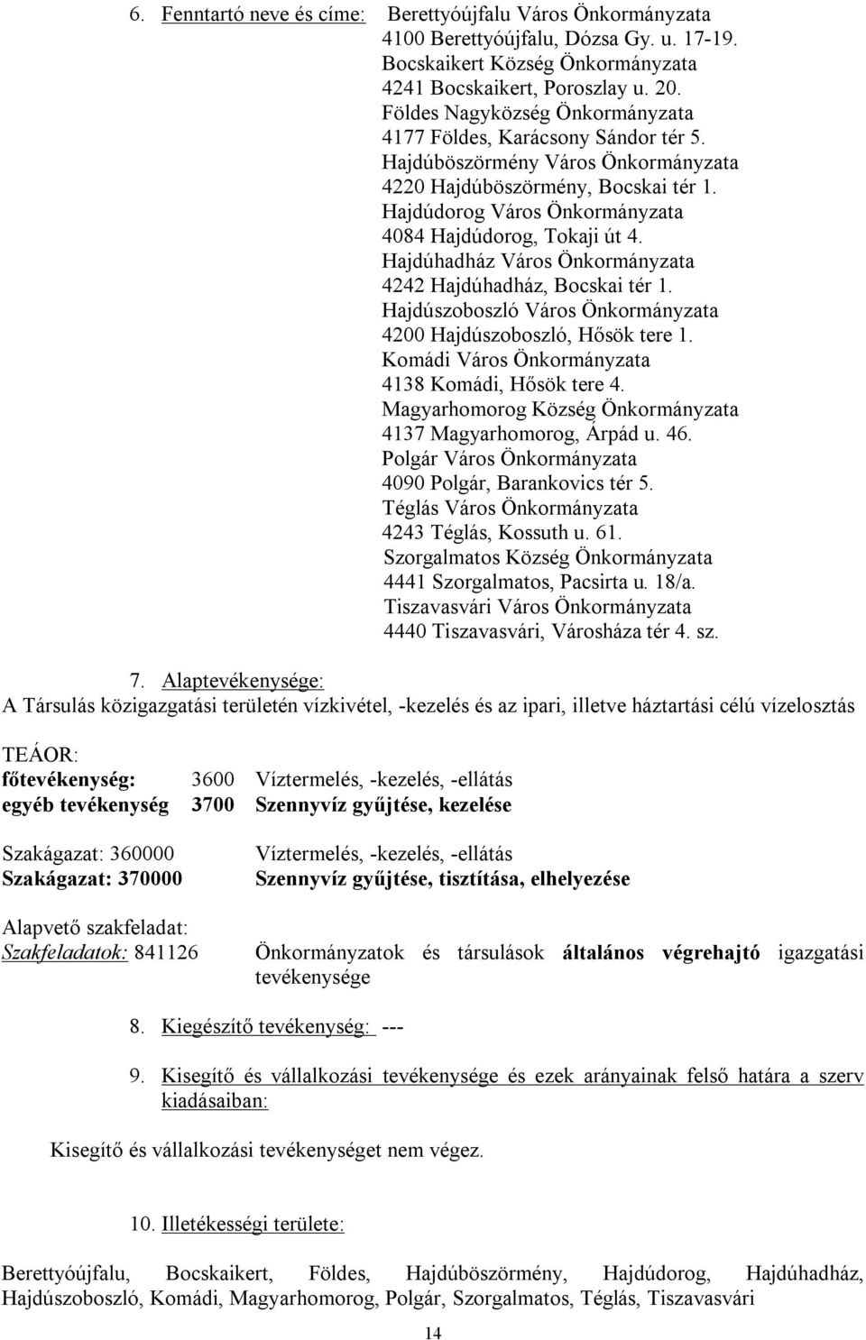 Hajdúdorog Város Önkormányzata 4084 Hajdúdorog, Tokaji út 4. Hajdúhadház Város Önkormányzata 4242 Hajdúhadház, Bocskai tér 1. Hajdúszoboszló Város Önkormányzata 4200 Hajdúszoboszló, Hősök tere 1.