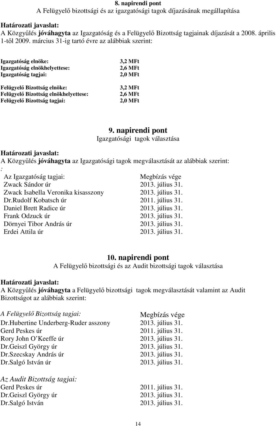 március 31-ig tartó évre az alábbiak szerint: Igazgatóság elnöke: Igazgatóság elnökhelyettese: Igazgatóság tagjai: Felügyel Bizottság elnöke: Felügyel Bizottság elnökhelyettese: Felügyel Bizottság