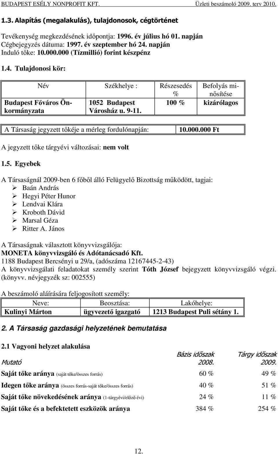 100 % kizárólagos A Társaság jegyzett tıkéje a mérleg fordulónapján: 10.000.000 Ft A jegyzett tıke tárgyévi változásai: nem volt 1.5.