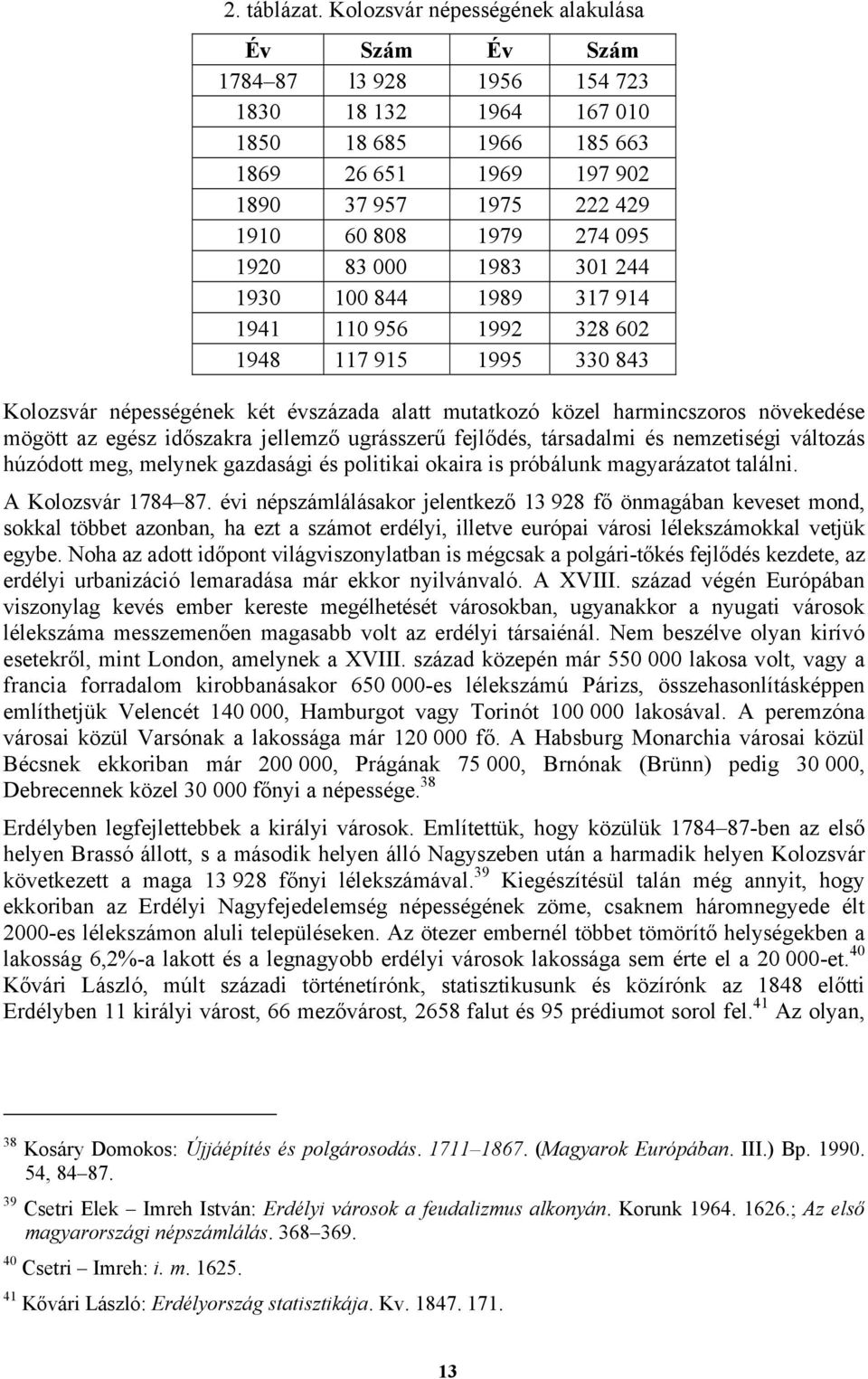 095 1920 83 000 1983 301 244 1930 100 844 1989 317 914 1941 110 956 1992 328 602 1948 117 915 1995 330 843 Kolozsvár népességének két évszázada alatt mutatkozó közel harmincszoros növekedése mögött