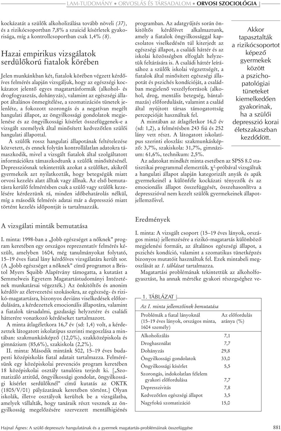 magatartásformák (alkohol- és drogfogyasztás, dohányzás), valamint az egészségi állapot általános önmegítélése, a szomatizációs tünetek jelenléte, a fokozott szorongás és a negatívan megélt hangulati