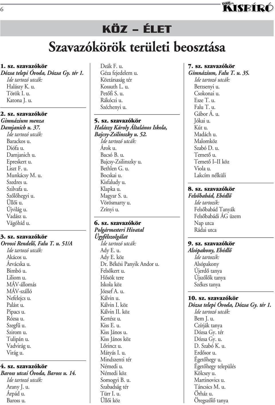 szavazókör Orvosi Rendelô, Falu T. u. 51/A Ide tartozó utcák: Akácos u. Árvácska u. Bimbó u. Liliom u. MÁV-állomás MÁV-szálló Nefelejcs u. Palást u. Pipacs u. Rózsa u. Szegfû u. Szirom u. Tulipán u.