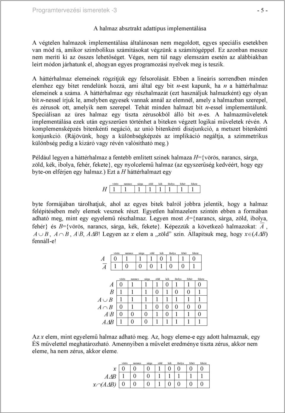 Véges, nem túl nagy elemszám esetén az alábbiakban leírt módon járhatunk el, ahogyan egyes programozási nyelvek meg is teszik. A háttérhalmaz elemeinek rögzítjük egy felsorolását.