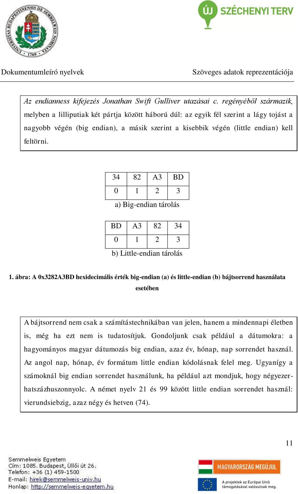 feltörni. 34 82 A3 BD 0 1 2 3 a) Big-endian tárolás BD A3 82 34 0 1 2 3 b) Little-endian tárolás 1.