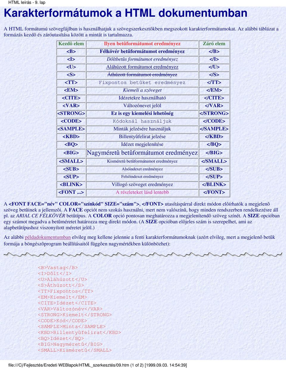 Kezdô elem Ilyen betûformátumot eredményez Záró elem <B> Félkövér betûformátumot eredményez </B> <I> Dôltbetûs formátumot eredményez </I> <U> Aláhúzott formátumot eredményez </U> <S> Áthúzott