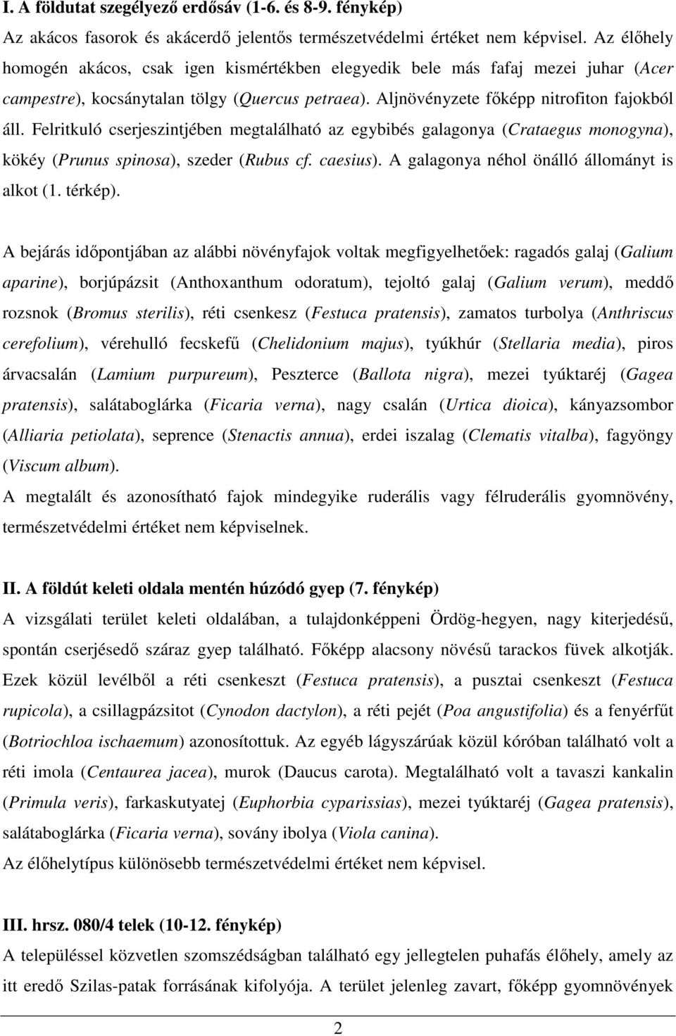 Felritkuló cserjeszintjében megtalálható az egybibés galagonya (Crataegus monogyna), kökéy (Prunus spinosa), szeder (Rubus cf. caesius). A galagonya néhol önálló állományt is alkot (1. térkép).