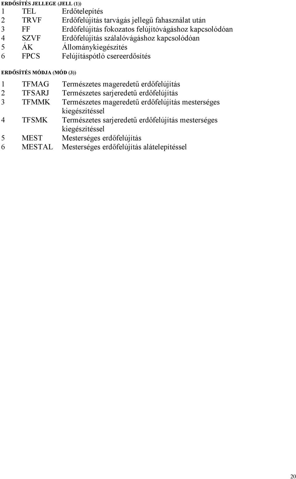 TFMAG Természetes mageredetű erdőfelújítás 2 TFSARJ Természetes sarjeredetű erdőfelújítás 3 TFMMK Természetes mageredetű erdőfelújítás mesterséges