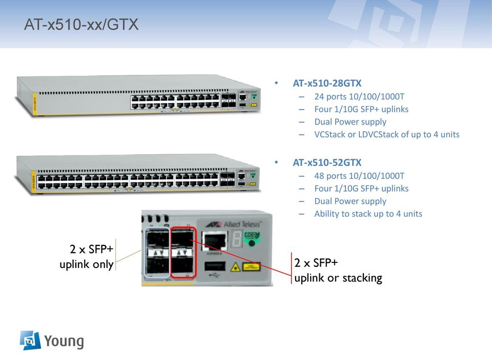 AT-x510-52GTX 48 ports 10/100/1000T Four 1/10G SFP+ uplinks Dual Power