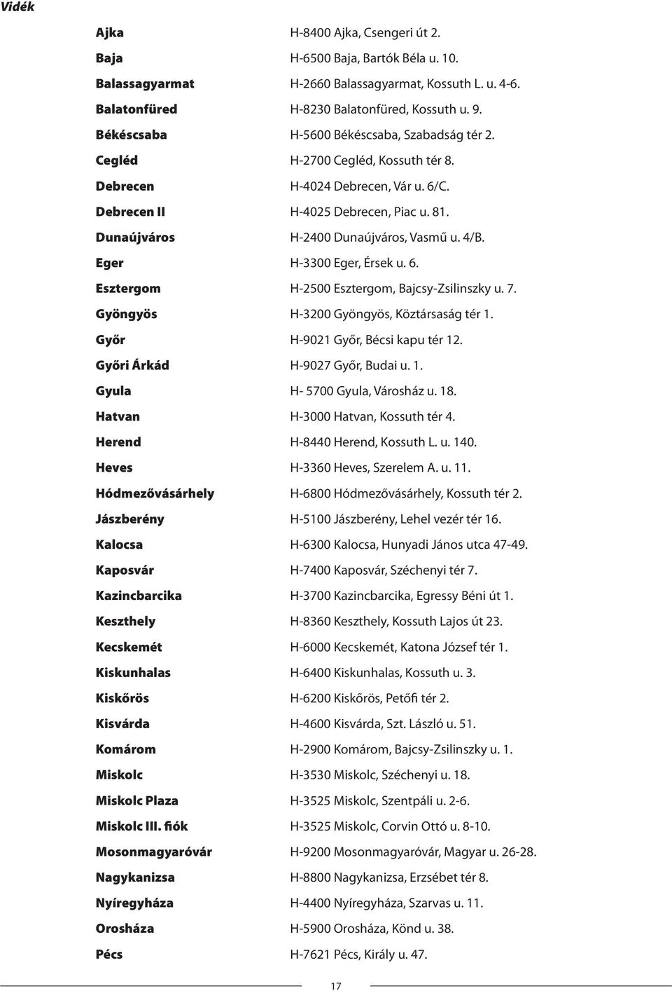 Dunaújváros H-2400 Dunaújváros, Vasmű u. 4/B. Eger H-3300 Eger, Érsek u. 6. Esztergom H-2500 Esztergom, Bajcsy-Zsilinszky u. 7. Gyöngyös H-3200 Gyöngyös, Köztársaság tér 1.