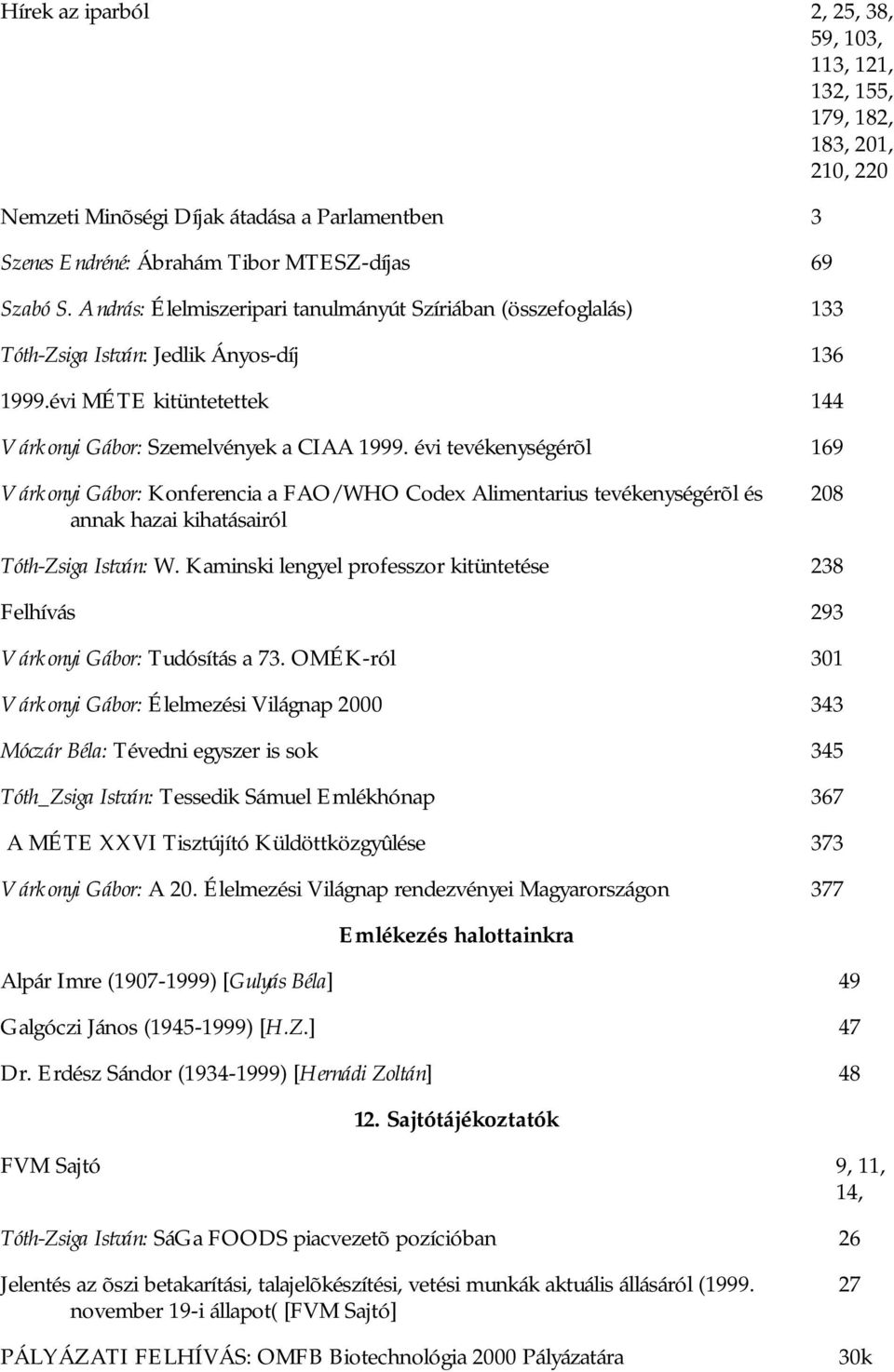 évi tevékenységérõl 169 Várkonyi Gábor: Konferencia a FAO/WHO Codex Alimentarius tevékenységérõl és annak hazai kihatásairól 208 Tóth-Zsiga István: W.