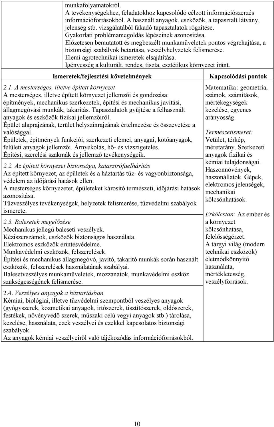 Előzetesen bemutatott és megbeszélt munkaműveletek pontos végrehajtása, a biztonsági szabályok betartása, veszélyhelyzetek felismerése. Elemi agrotechnikai ismeretek elsajátítása.