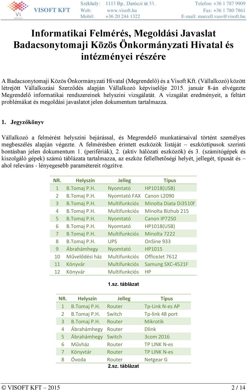 A vizsgálat eredményeit, a feltárt problémákat és megoldási javaslatot jelen dokumentum tartalmazza. 1.