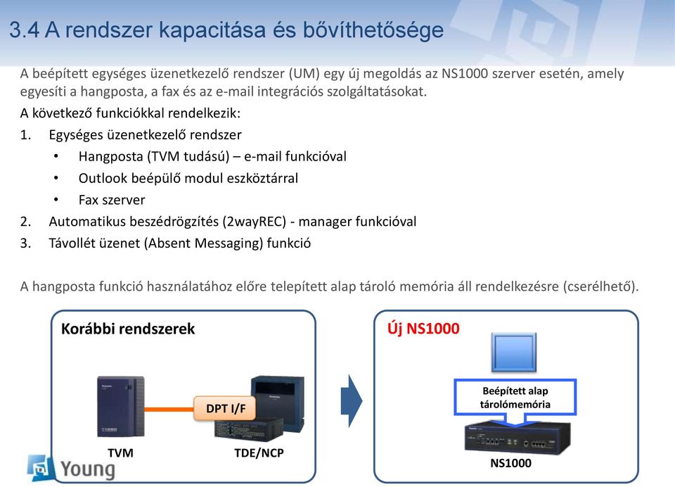 Egységes üzenetkezelő rendszer Hangposta (TVM tudású) e-mail funkcióval Outlook beépülő modul eszköztárral Fax szerver 2.