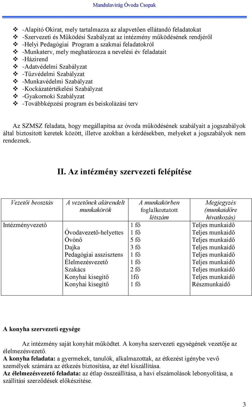 -Továbbképzési program és beiskolázási terv Az SZMSZ feladata, hogy megállapítsa az óvoda működésének szabályait a jogszabályok által biztosított keretek között, illetve azokban a kérdésekben,