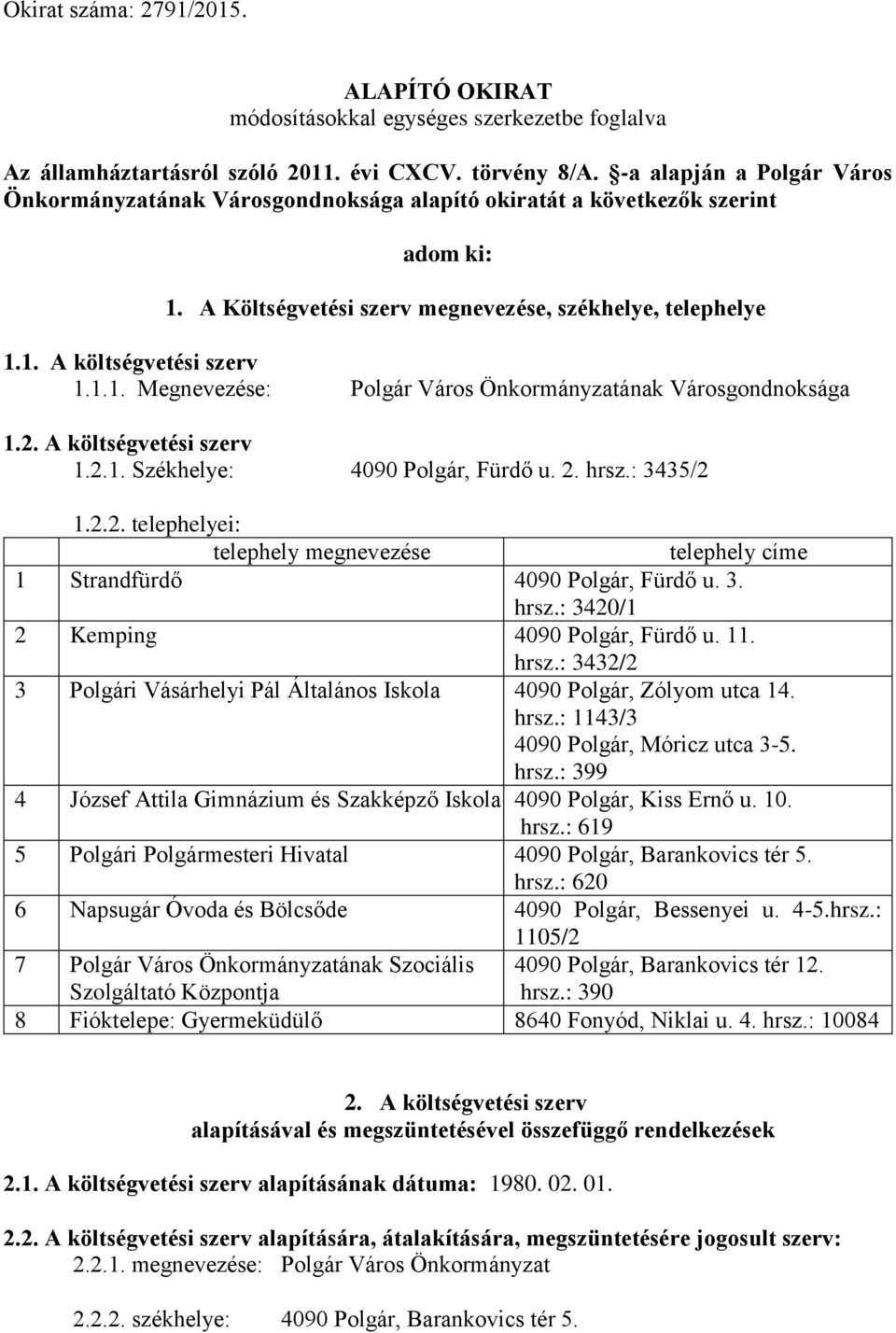 2. A költségvetési szerv 1.2.1. Székhelye: 4090 Polgár, Fürdő u. 2. hrsz.: 3435/2 1.2.2. telephelyei: telephely megnevezése telephely címe 1 Strandfürdő 4090 Polgár, Fürdő u. 3. hrsz.: 3420/1 2 Kemping 4090 Polgár, Fürdő u.