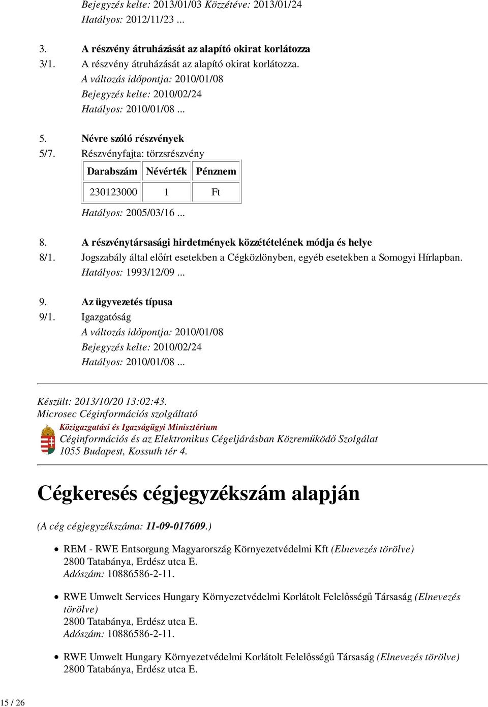 Részvényfajta: törzsrészvény Darabszám Névérték Pénznem 230123000 1 Ft Hatályos: 2005/03/16... 8. A részvénytársasági hirdetmények közzétételének módja és helye 8/1.