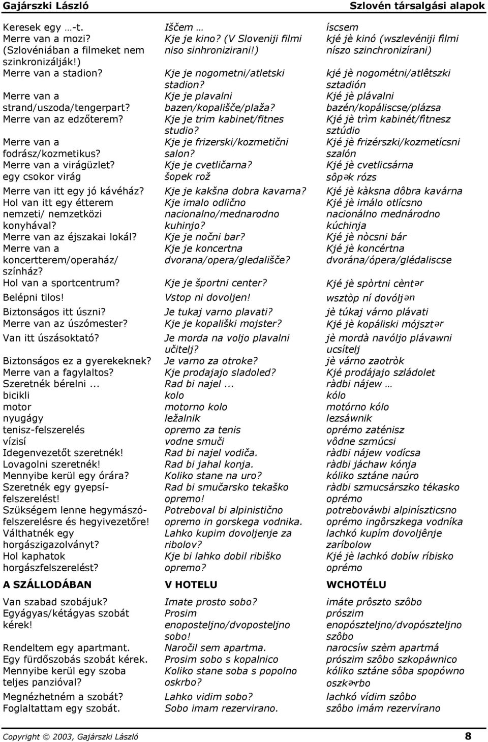 kjé jè nogométni/atlêtszki sztadión Merre van a strand/uszoda/tengerpart? Kje je plavalni bazen/kopališče/plaža? Kjé jè plávalni bazén/kopáliscse/plázsa Merre van az edzőterem?