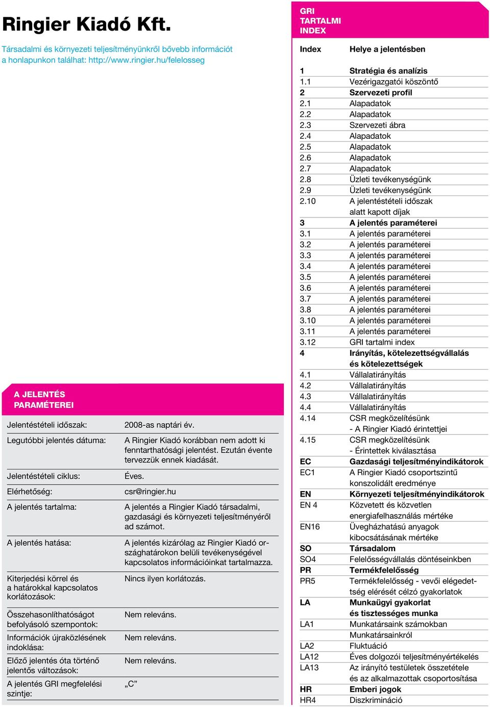 kapcsolatos korlátozások: Összehasonlíthatóságot befolyásoló szempontok: Információk újraközlésének indoklása: Előző jelentés óta történő jelentős változások: A jelentés GRI megfelelési szintje: