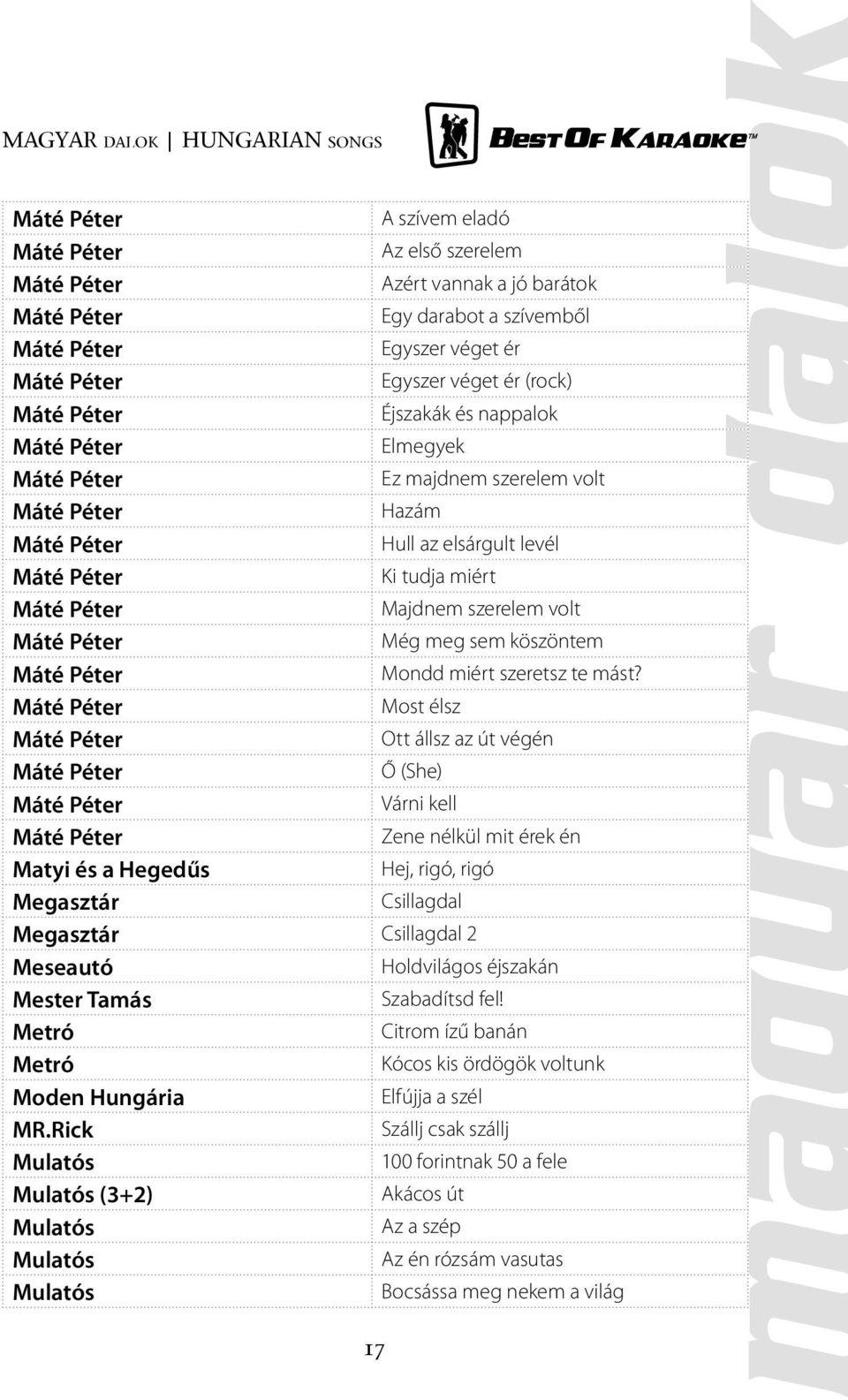 Most élsz Ott állsz az út végén Ő (She) Várni kell Zene nélkül mit érek én Matyi és a Hegedűs Hej, rigó, rigó Megasztár Csillagdal Megasztár Csillagdal 2 Meseautó Holdvilágos