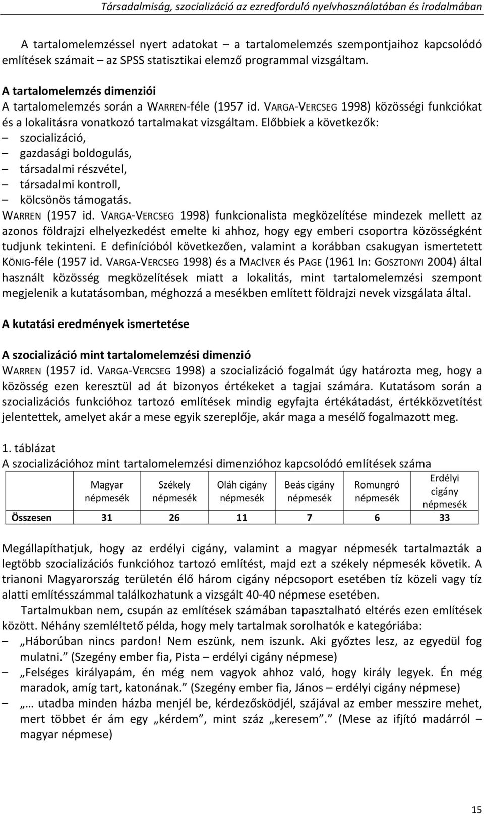 Előbbiek a következők: szocializáció, gazdasági boldogulás, társadalmi részvétel, társadalmi kontroll, kölcsönös támogatás. WARREN (1957 id.