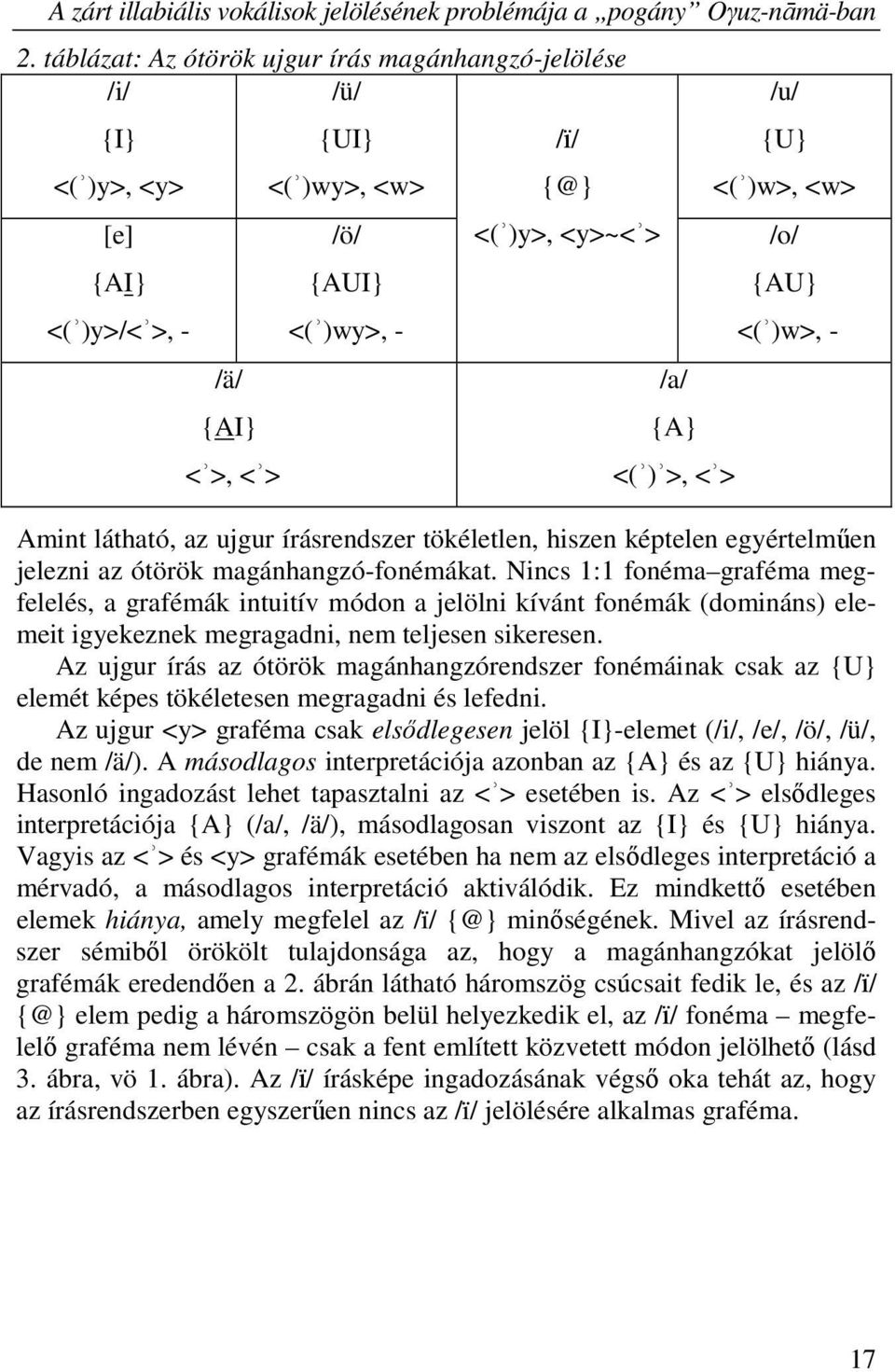 /u/ {U} <(ʾ)w>, <w> /o/ {AU} <(ʾ)w>, - Amint látható, az ujgur írásrendszer tökéletlen, hiszen képtelen egyértelműen jelezni az ótörök magánhangzó-fonémákat.