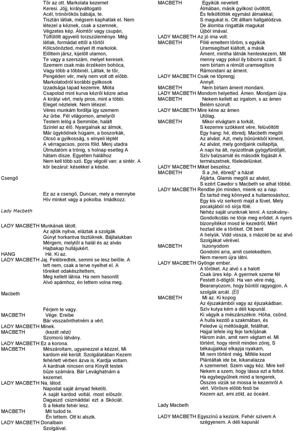 Szemem csak más érzékeim bohóca, Vagy több a többinél. Látlak, te tőr, Pengéden vér, mely nem volt ott előbb. Markolatodról korábbi gyilkosok Izzadsága tapad kezemre.