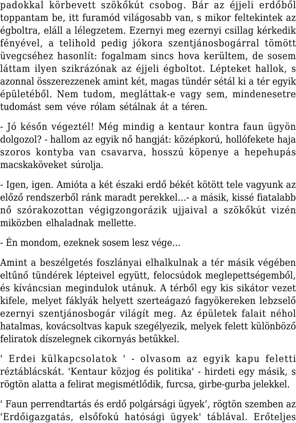 égboltot. Lépteket hallok, s azonnal összerezzenek amint két, magas tündér sétál ki a tér egyik épületéből. Nem tudom, megláttak-e vagy sem, mindenesetre tudomást sem véve rólam sétálnak át a téren.