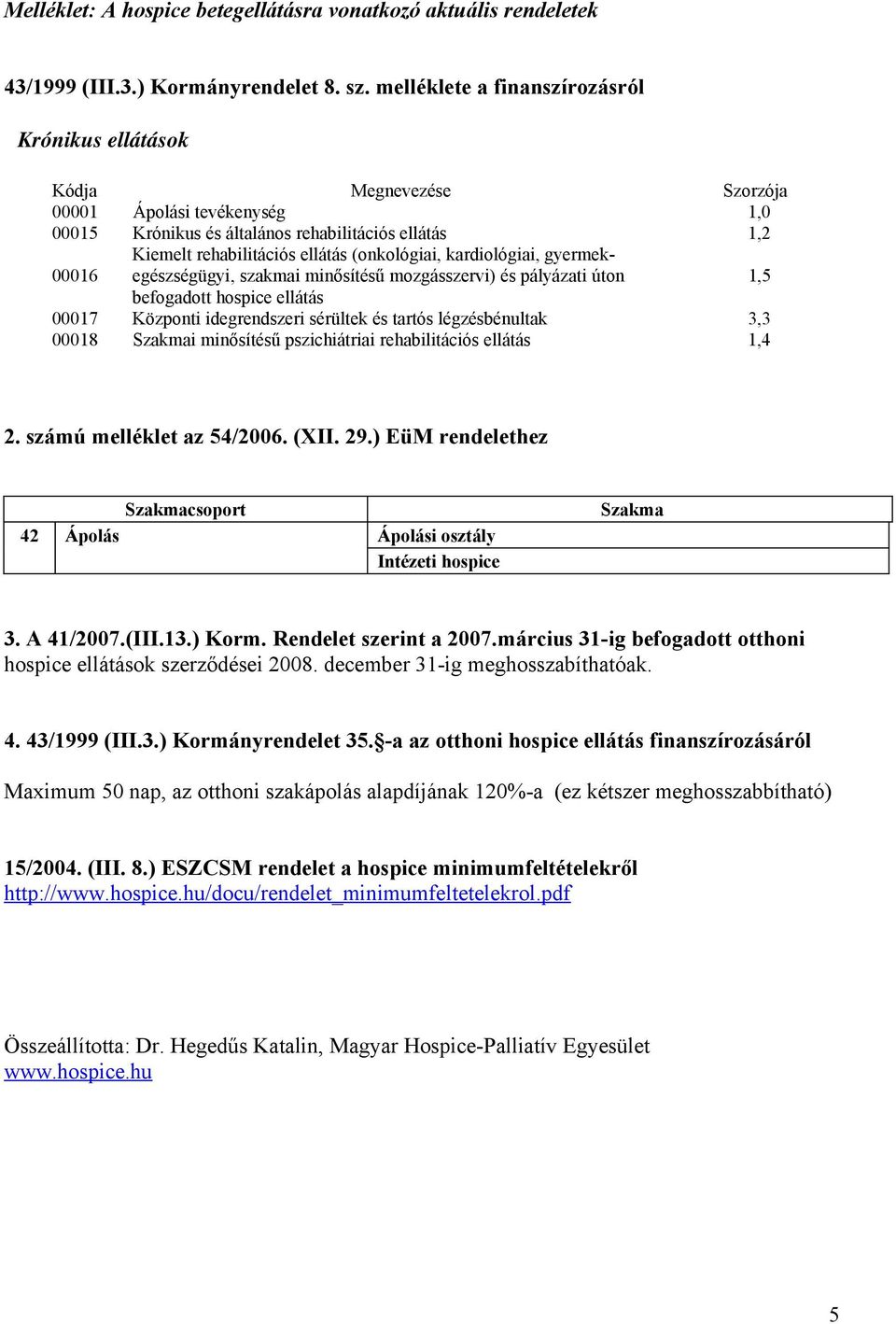 (onkológiai, kardiológiai, gyermekegészségügyi, szakmai minősítésű mozgásszervi) és pályázati úton 1,5 befogadott hospice ellátás 00017 Központi idegrendszeri sérültek és tartós légzésbénultak 3,3