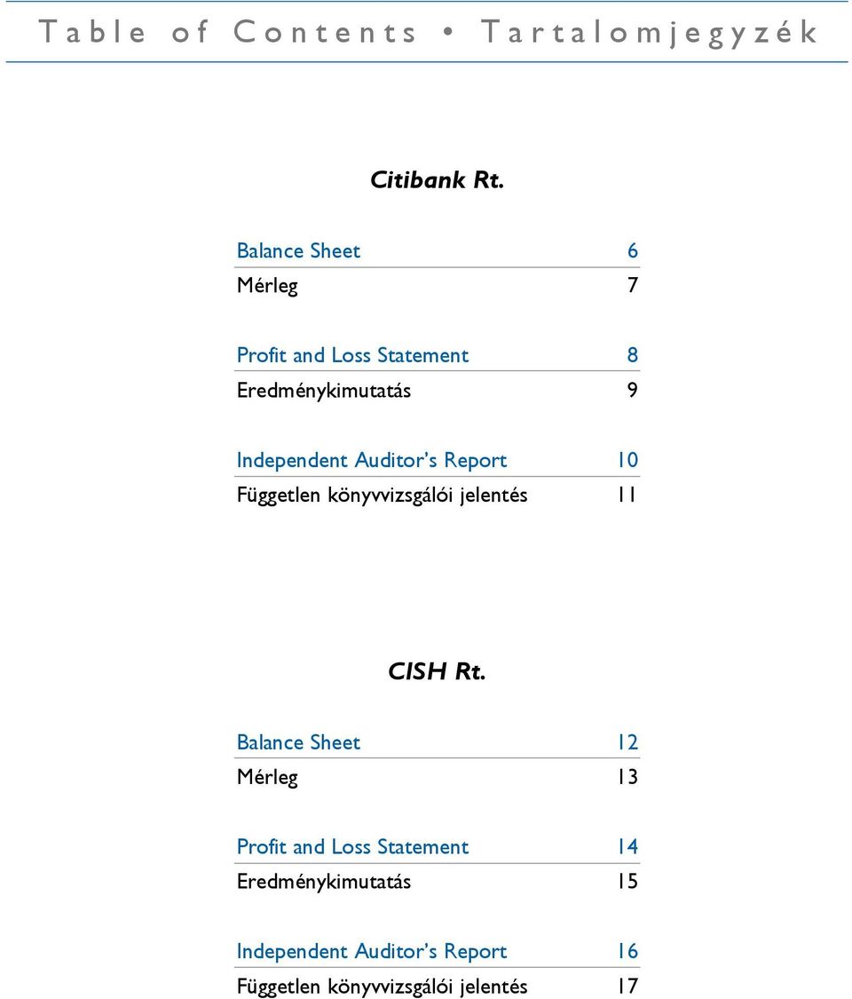 AuditorÕs Report 10 FŸggetlen kšnyvvizsg l i jelentžs 11 CISH Rt.