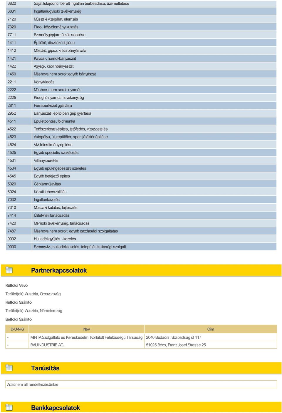 sorolt nyomás 2225 Kisegítő nyomdai tevékenység 2811 Fémszerkezet gyártása 2952 Bányászati, építőipari gép gyártása 4511 Épületbontás, földmunka 4522 Tetőszerkezet-építés, tetőfedés, vízszigetelés